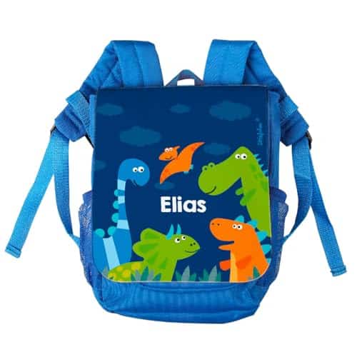 blauer Kinderrucksack mit Name und Dinos