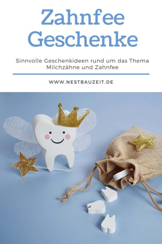 Pinterest-Bild mit Titel Zahnfee Geschenke und Bild eines lächelnden Milchzahns