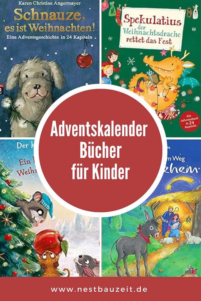 Pinterest-Bild zeigt 4 Cover von Adventskalender-Büchern für Kinder