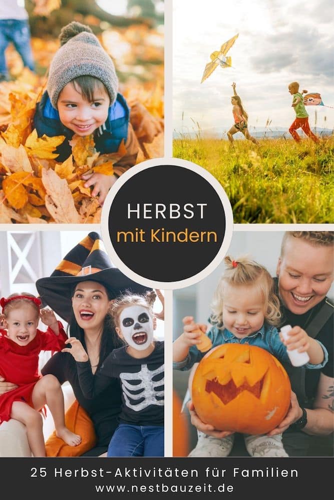 Pinterest-Kollage mit dem Titel "Herbst mit Kindern" und vier Fotos von Familien bei herbstlichen Aktivitäten