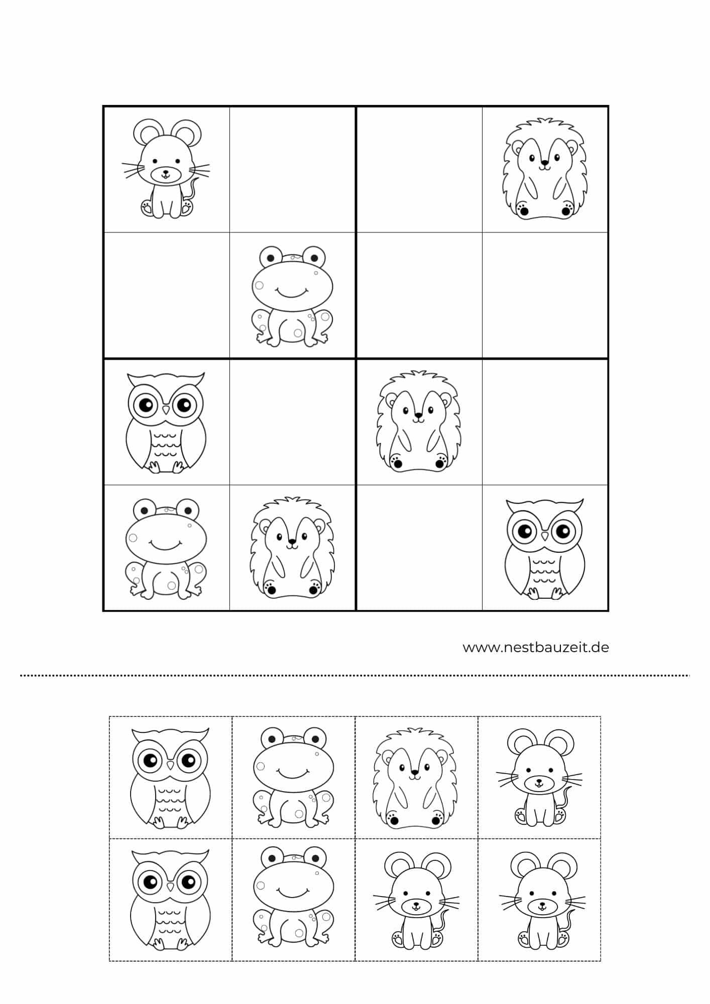 Druckvorlage Kinder-Sudoku mit Bildern zum Ausschneiden und Einkleben